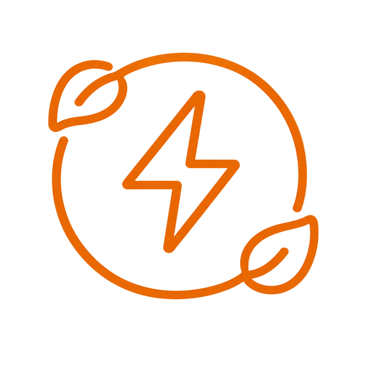 An orange minimalist line icon featuring a lightning bolt inside a circular frame with two leaf shapes, centered on a plain white background.