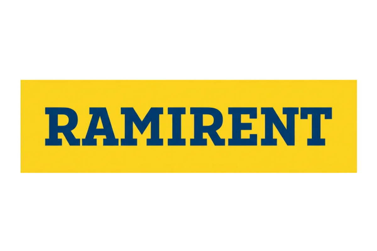 RAMIRENT brand logo in blue text on a yellow background.